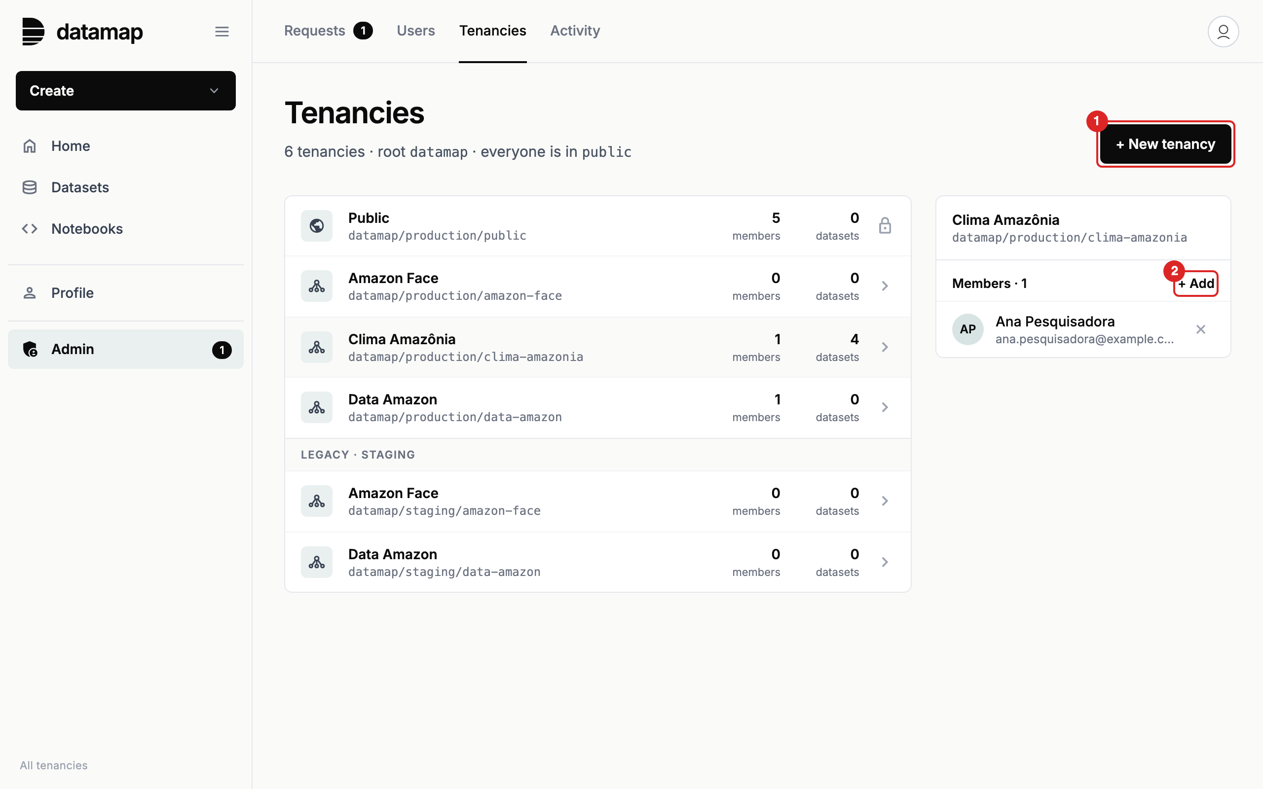 Página Tenancies do painel Admin com a lista de workspaces, o botão New tenancy e o botão Add em destaque
