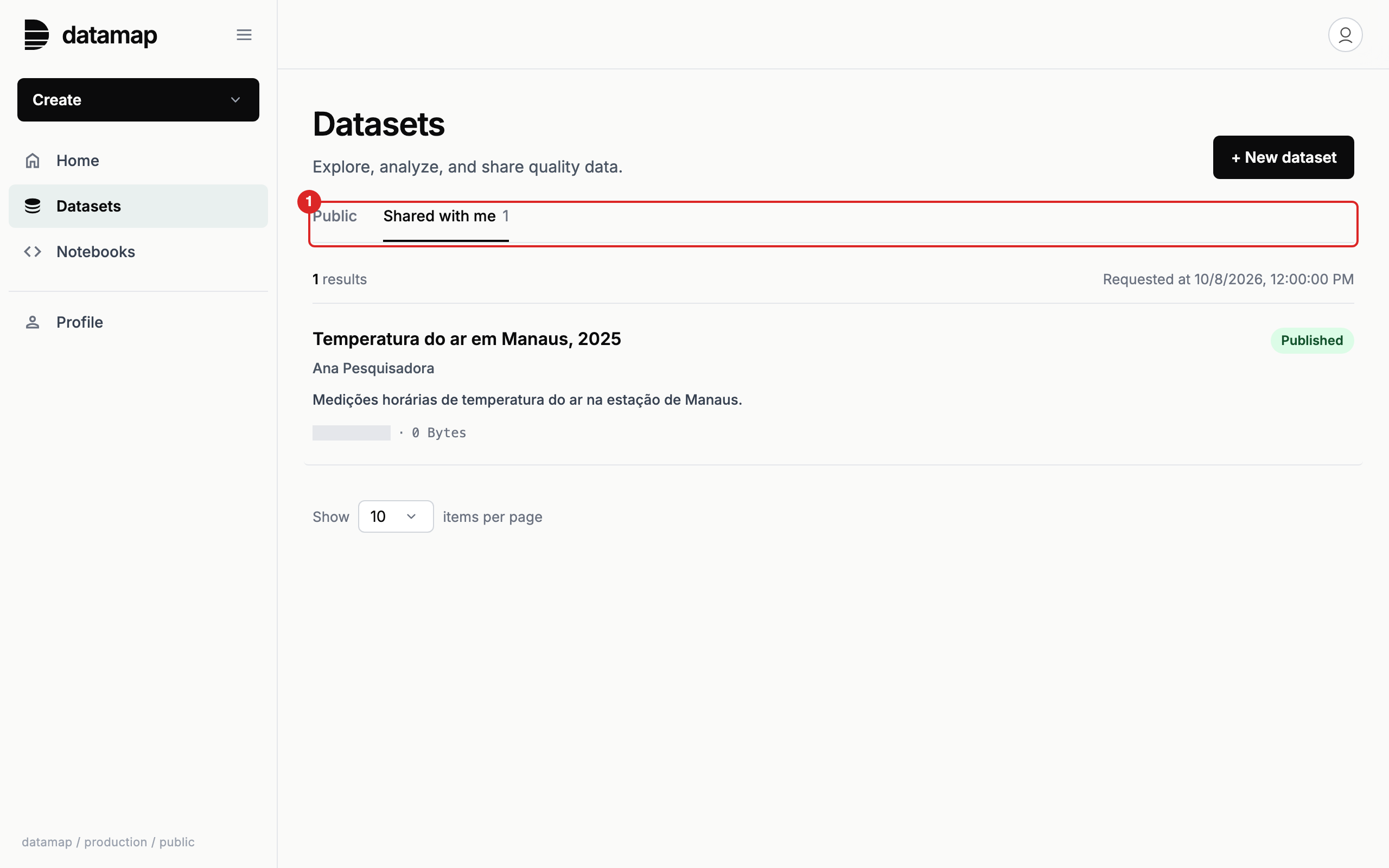 Aba Shared with me com um dataset publicado por Ana Pesquisadora