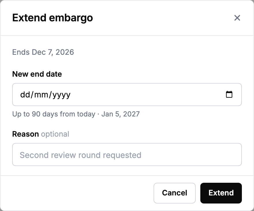 Janela Extend embargo com a data atual de término e o campo New end date